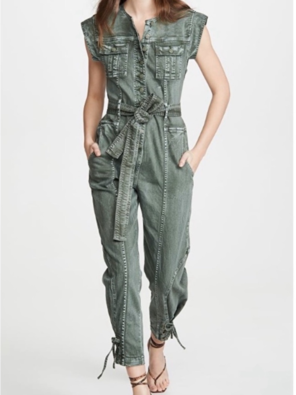 NWT Ulla Johnson Adair Jumpsuit Size 10 Green Denim Belted Utility Lace Up $575